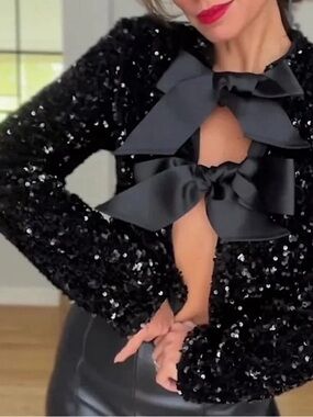 COMMENSE Black Sequin Black Ribbon Bow Cardigan Jacket NWT